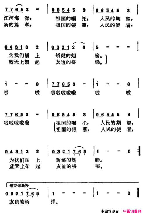 蓝天上架起友谊的桥梁电视片《前进中的北京民航》插曲简谱