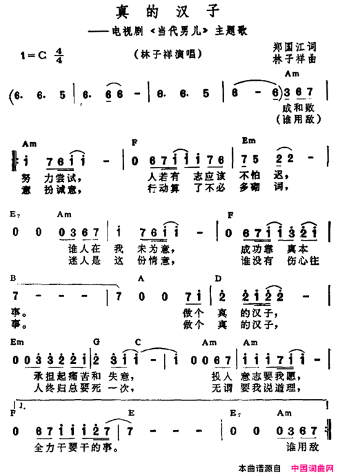 真的汉子电视剧《当代男儿》主题歌、带和弦简谱