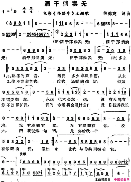 苏芮演唱金曲：酒干倘卖无电影《搭错车》主题歌简谱