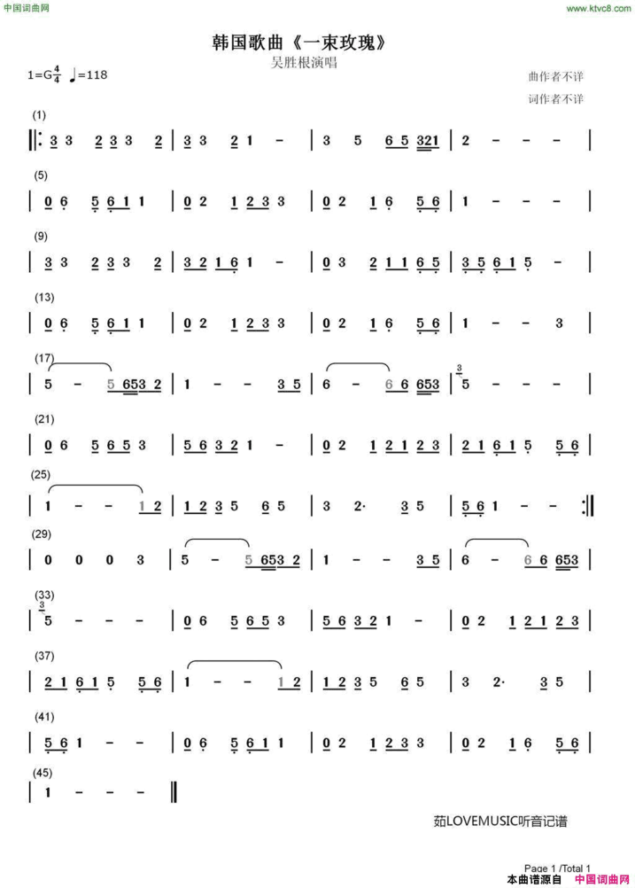 一束玫瑰韩国歌曲、春花广场舞背景音乐简谱