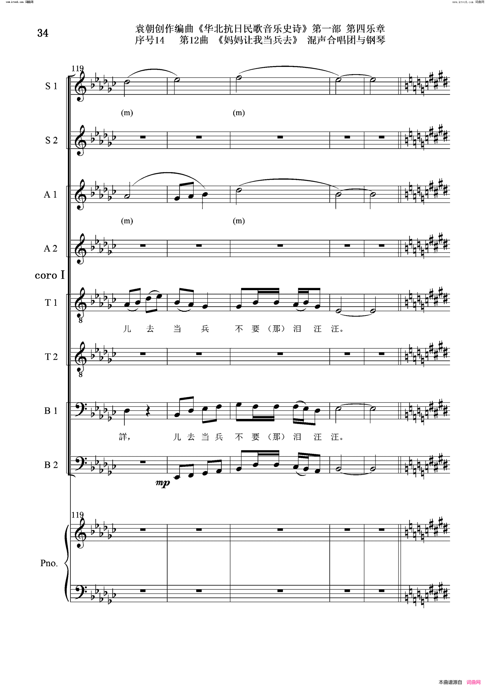 妈妈让我去当兵序号14第12曲Ⅰ合唱团与钢琴简谱