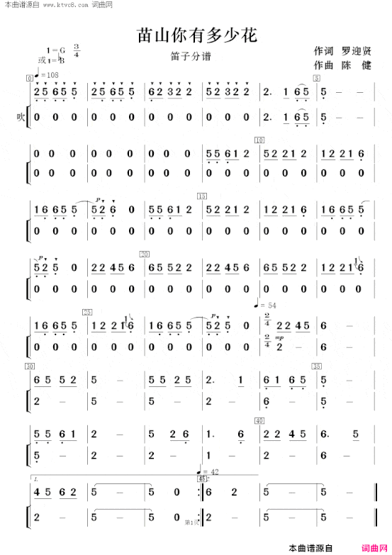 苖山你有多少花女声二重唱及伴奏总谱、分谱简谱