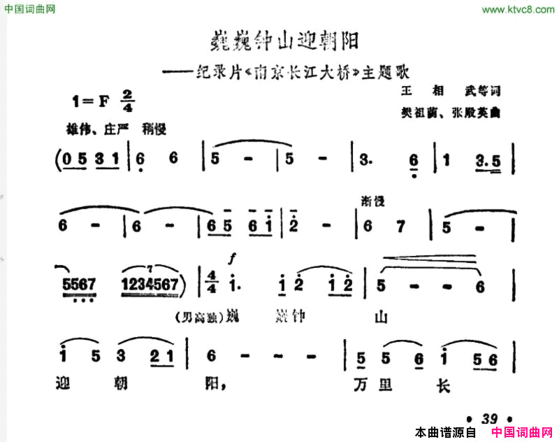 巍巍钟山迎朝阳纪录片《南京长江大桥》主题曲简谱