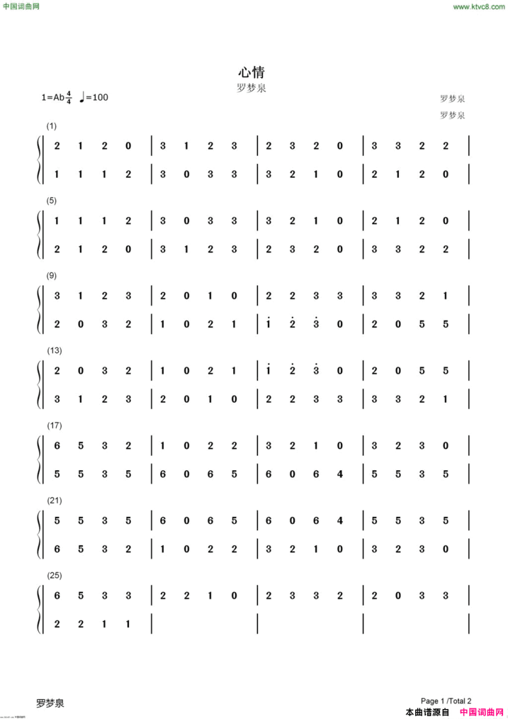 心情罗梦泉Ptl简谱