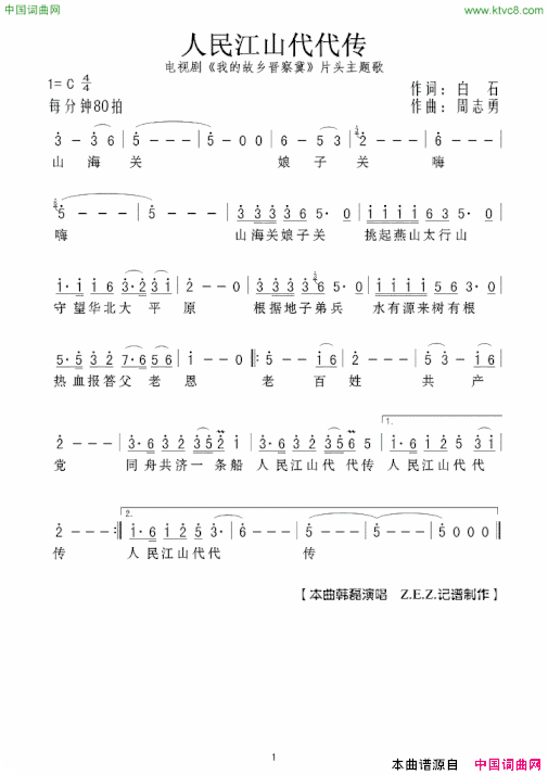 人民江山代代传电视剧《我的故乡晋察冀》片头主题歌简谱