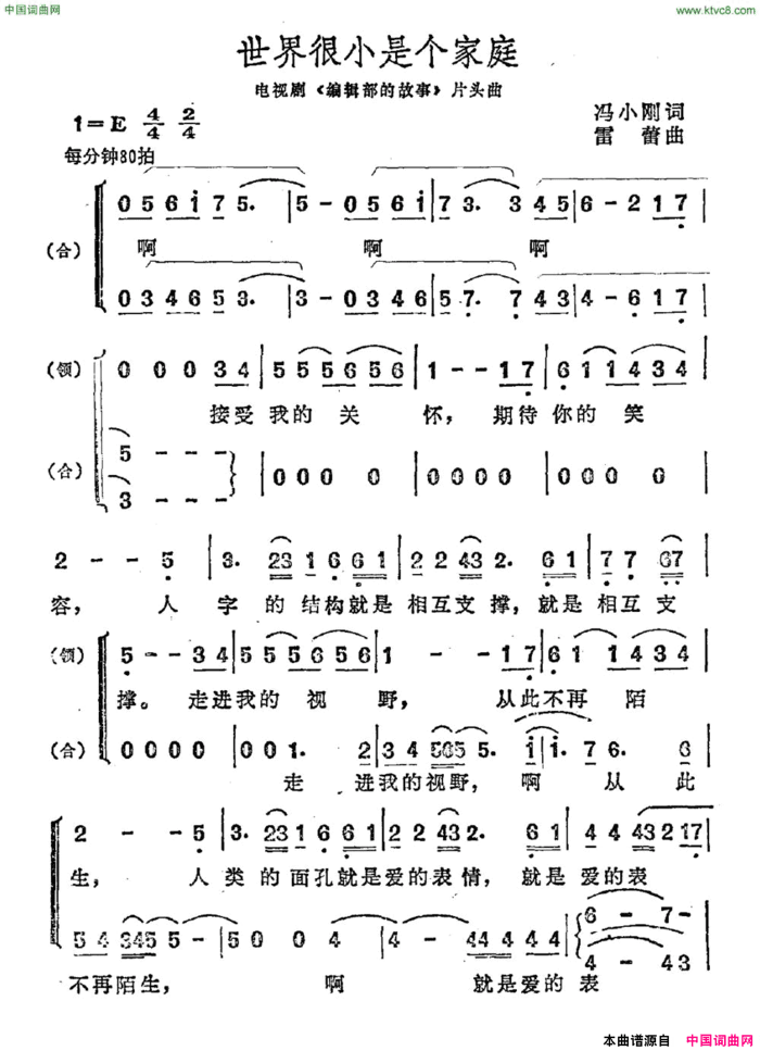 世界很小是个家庭电视剧《编辑部的故事》片头曲简谱