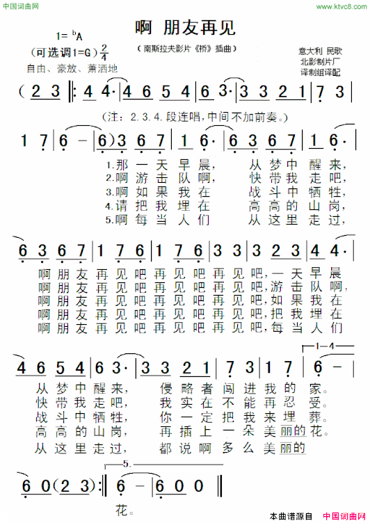 啊朋友再见南斯拉夫电影《桥》插曲啊 朋友再见南斯拉夫电影《桥》插曲简谱