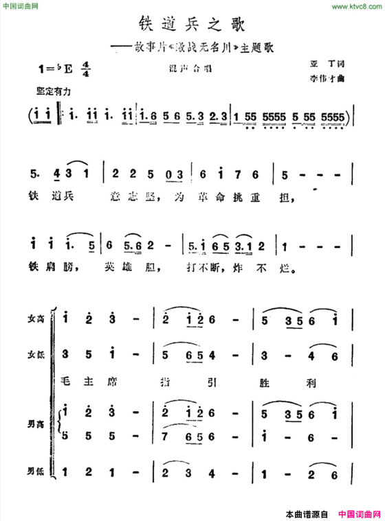 铁道兵之歌故事片《激战无名川》主题曲简谱