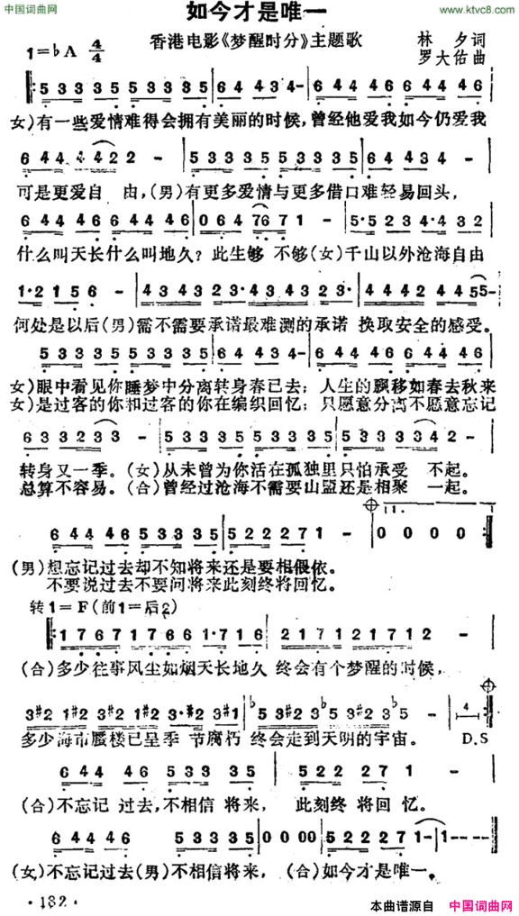 如今才是唯一香港电影《梦醒时分》主题歌简谱