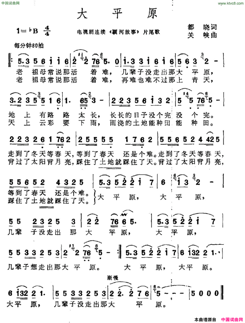 大平原电视剧《颖河故事》片尾曲简谱