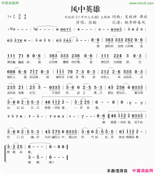 风中英雄电视剧《少年四大名捕》主题曲简谱