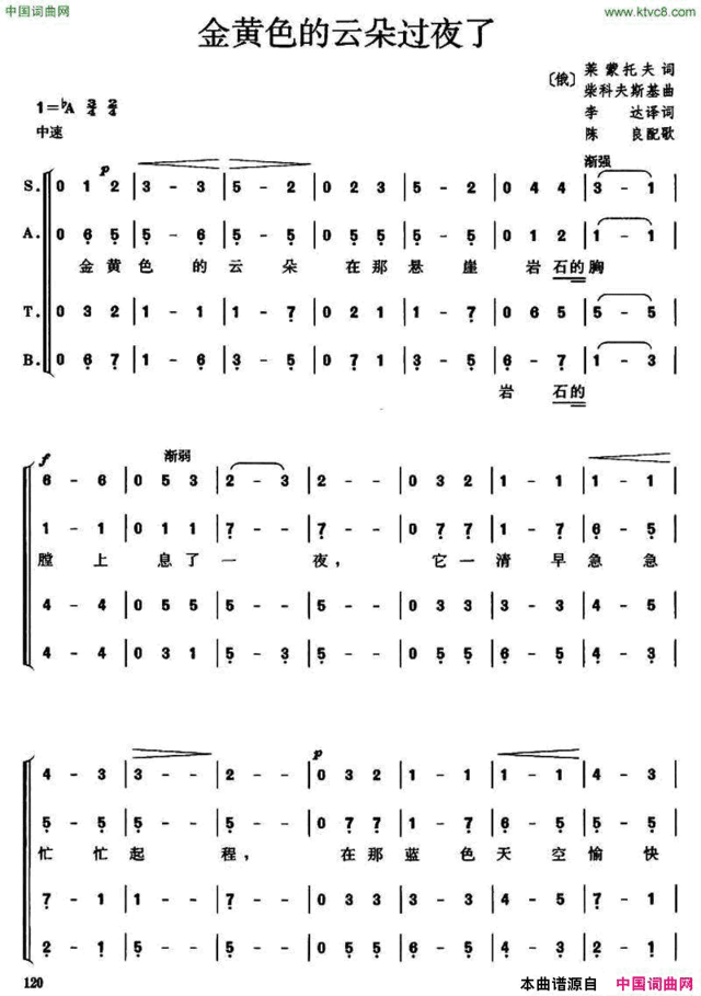 [俄]金黄色的云朵过夜了无伴奏混声四部合唱[俄] 金黄色的云朵过夜了无伴奏混声四部合唱简谱