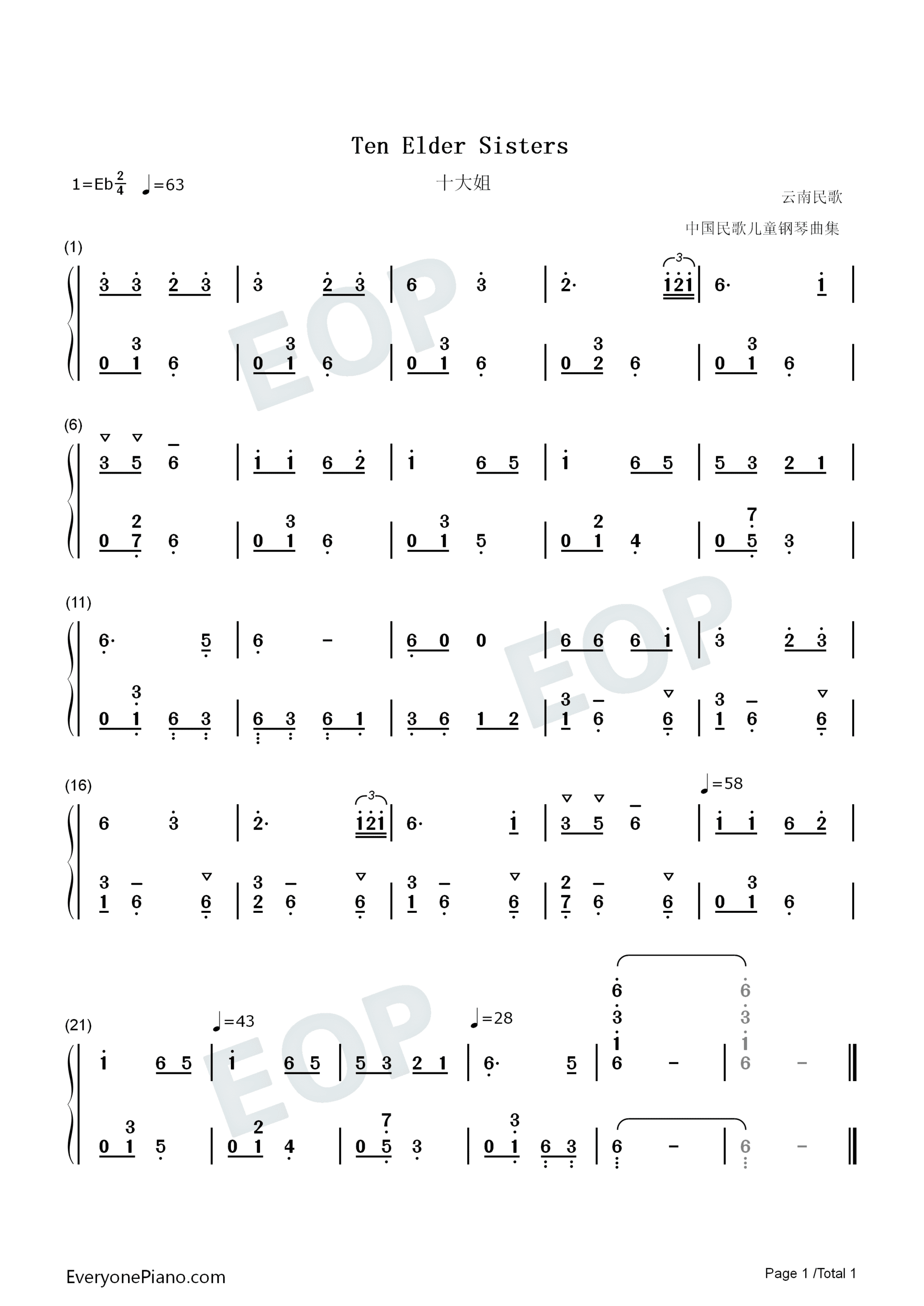 十大姐-Ten Elder Sisters双手简谱预览1
