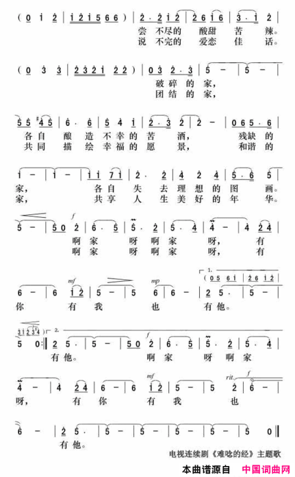 家啊家电视剧《难念的经》主题歌简谱