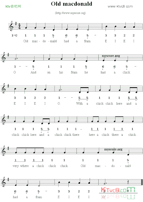 Oldmacdonald线简谱混排版、英文儿歌简谱