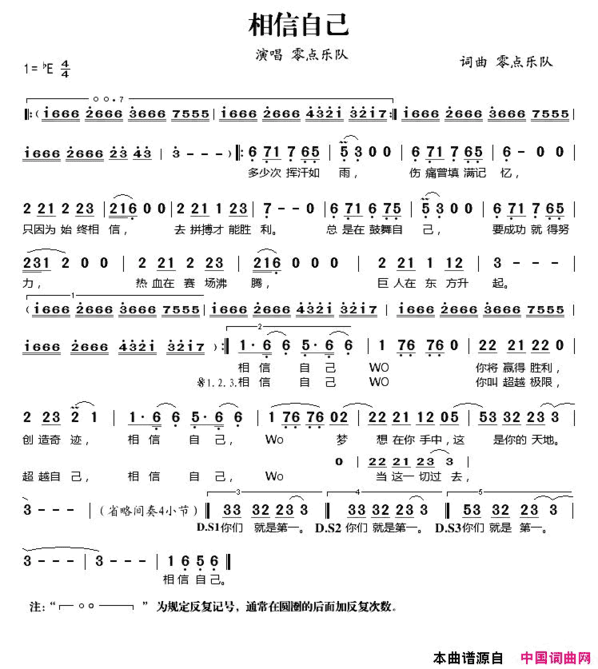 零点乐队-相信自己简谱