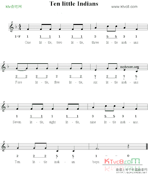 TenlittleIndians线简谱混排版、英文儿歌简谱
