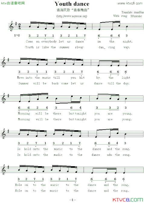 Youthdance青春舞曲英译中文歌曲、线简谱混排版简谱