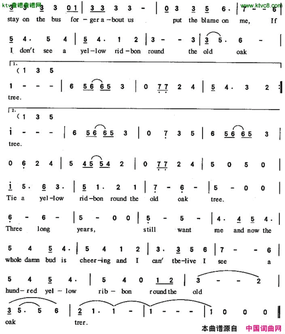 TieaYellowRibbonRoundTheOldOakTree老橡树上的黄丝带[美]简谱