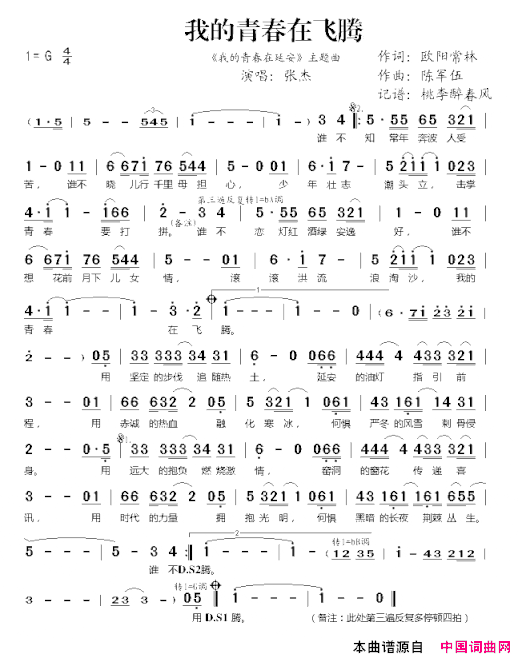 我的青春在飞腾《我的青春在延安》主题曲简谱