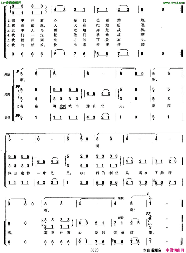 有座可爱的城市在北方男声合唱[前苏联]简谱