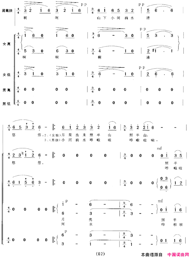 小河淌水无伴奏男领唱与混声四部合唱简谱
