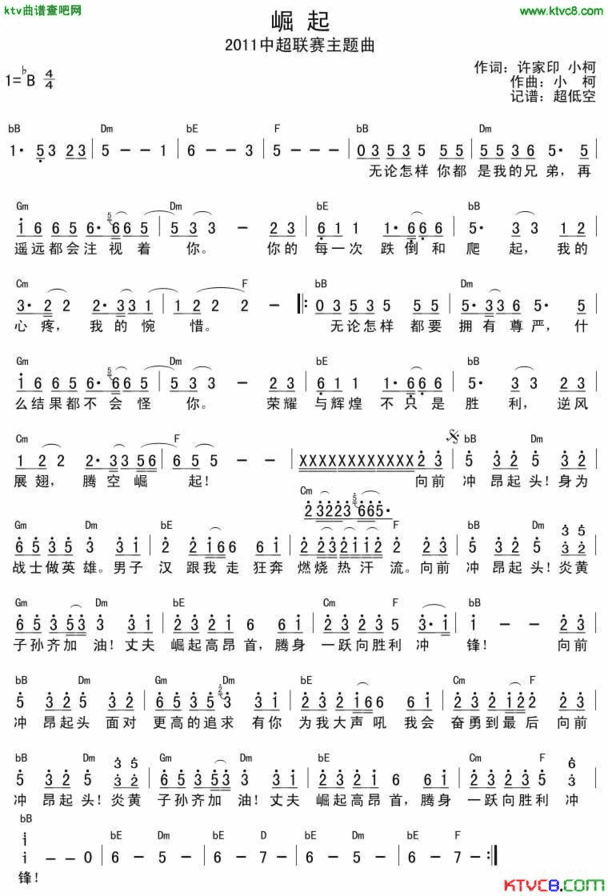 崛起2011中超联赛开幕式主题曲简谱+和弦简谱