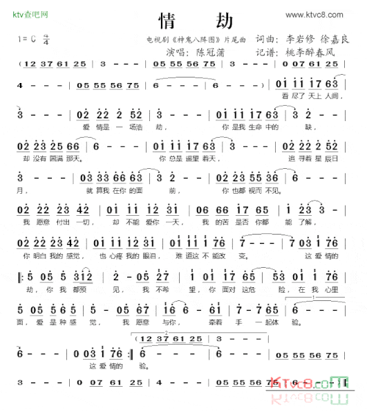 情劫电视剧《神鬼八阵图》片尾曲简谱