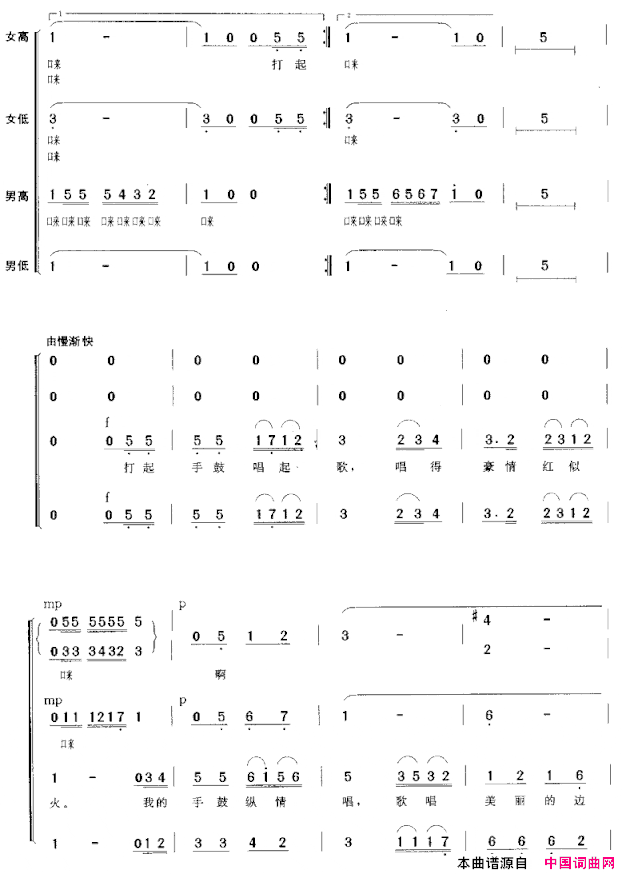 打起手鼓唱起歌混声合唱简谱