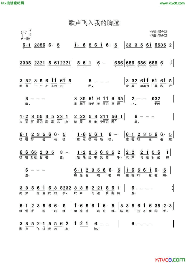 歌声飞进我的胸膛简谱