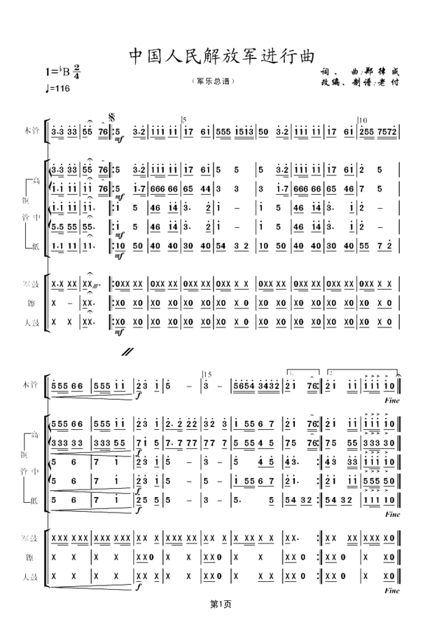 《中国人民解放军进行曲》军乐队总谱简谱