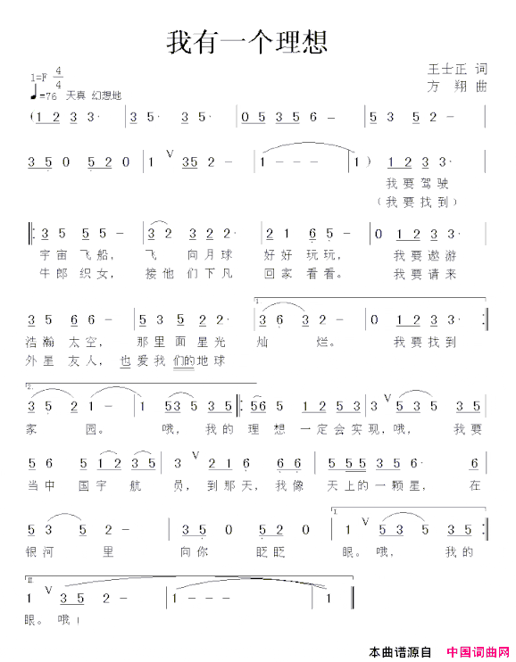我有一个理想王士正词方翔曲简谱