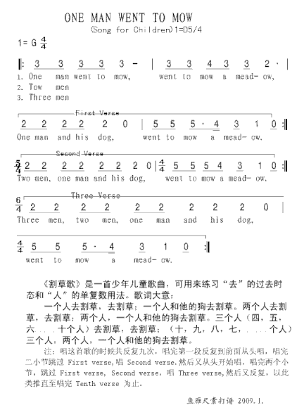 上传英文儿歌《ONEMANWENTTOMOW》简谱