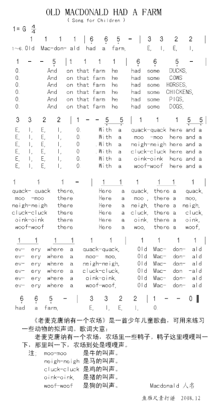 上传英文儿歌《OLDMACDONHADAFARM》简谱
