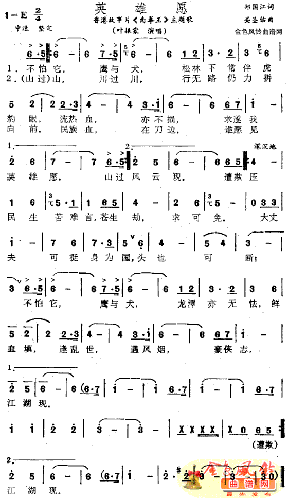 英雄愿《南拳王》主题歌、粤语简谱