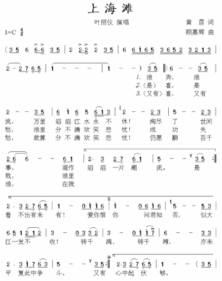 上海滩同名电视剧主题歌、粤语简谱