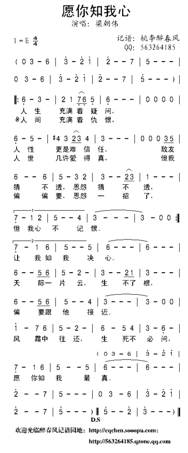 愿你知我心梁朝伟版绝代双娇主题曲简谱