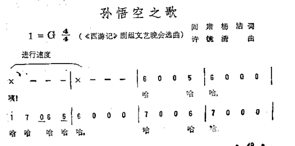 孙悟空之歌《西游记》剧组文艺晚会选曲简谱