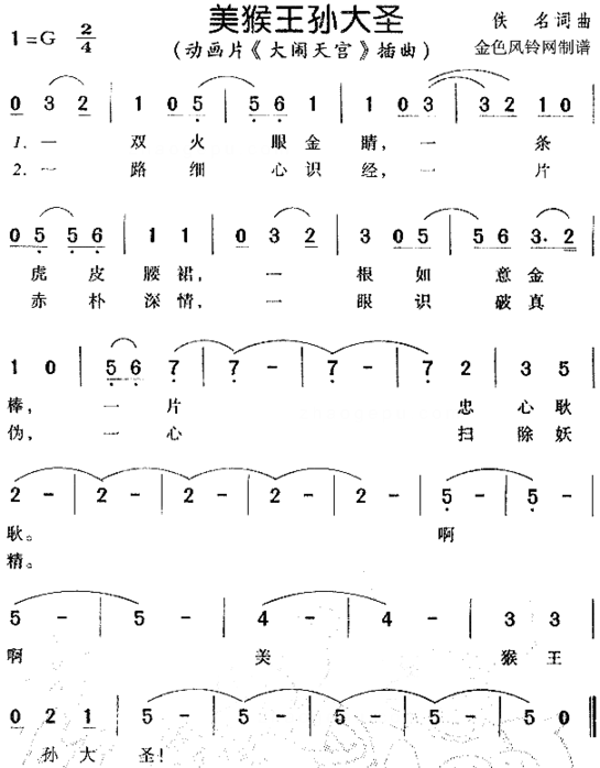 美猴王孙大圣《大闹天宫》插曲简谱