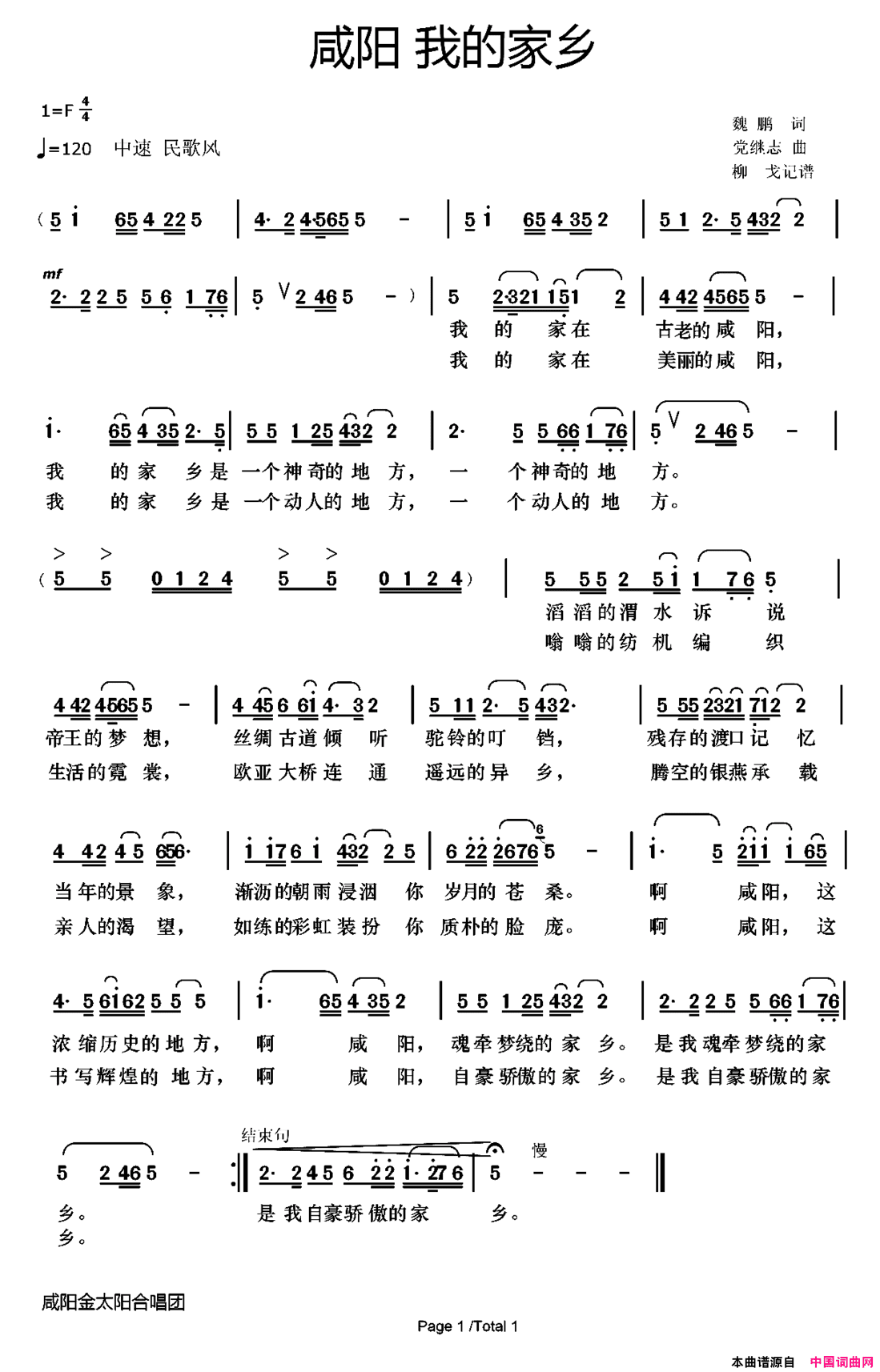 咸阳我的家乡简谱