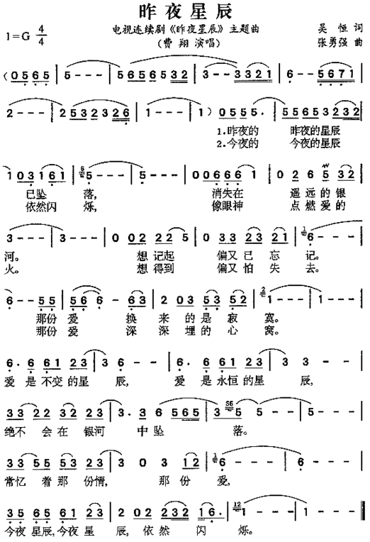 昨夜星辰同名电视剧主题歌简谱