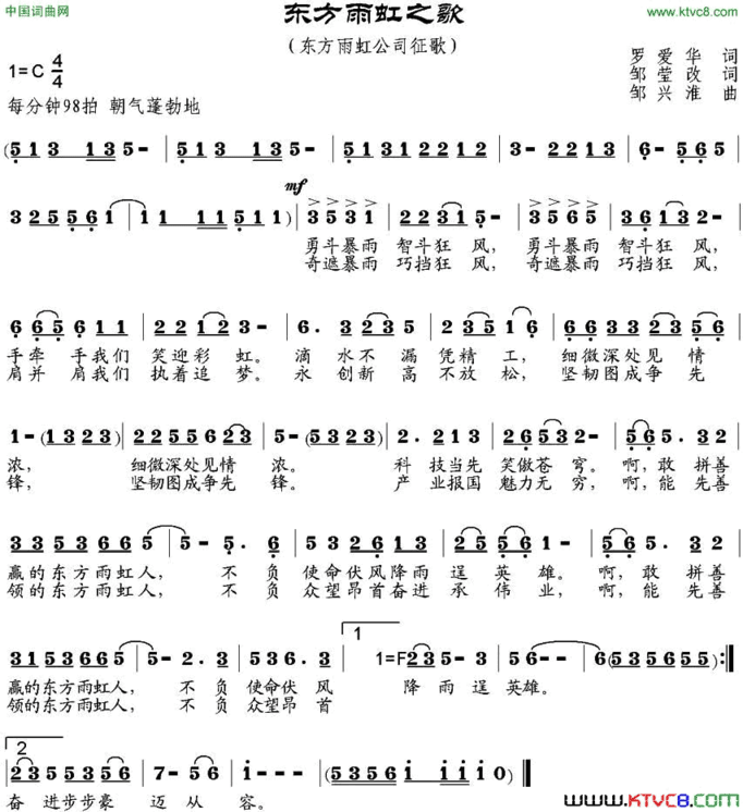 东方雨虹之歌罗爱华词、邹莹改词邹兴淮曲东方雨虹之歌罗爱华词、邹莹改词 邹兴淮曲简谱