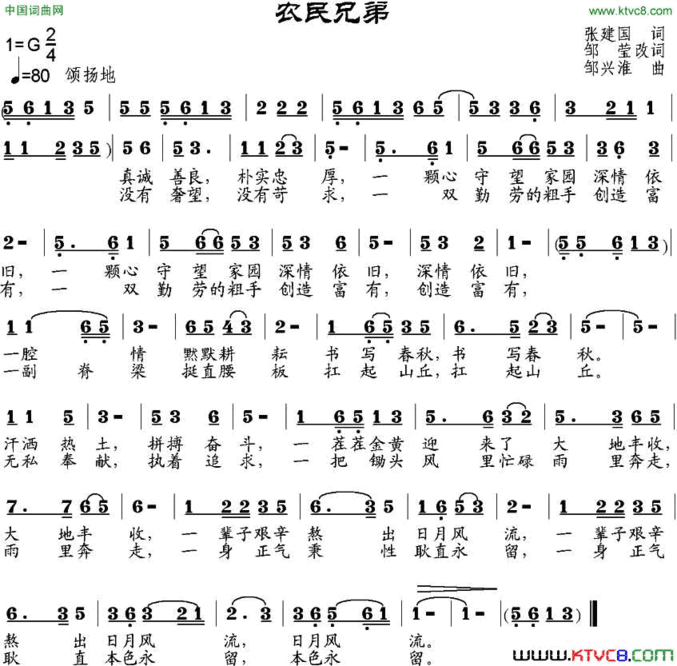 农民兄弟张建国词、邹莹改词邹兴淮曲农民兄弟张建国词、邹莹改词 邹兴淮曲简谱