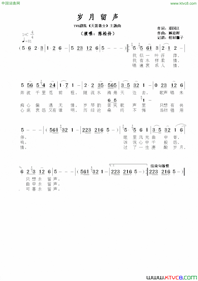 岁月留声TVB剧集《天涯歌女》主题曲 岁月留声TVB剧集《天涯歌女》主题曲简谱