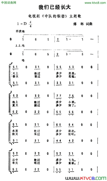 我们已经长大电视剧《中队的秘密》主题曲简谱