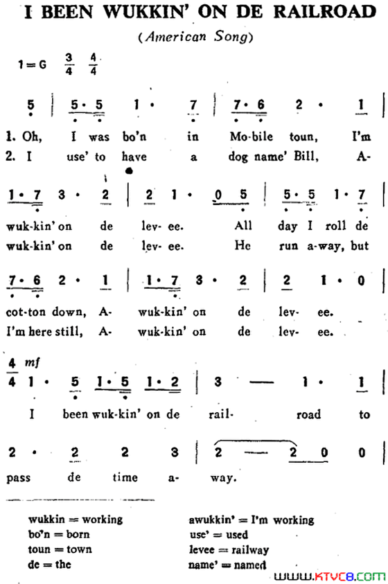 [美]IBEENWUKKIN’ONDERAILROAD我曾工作在铁路上[美]I BEEN WUKKIN’ON DE RAILROAD我曾工作在铁路上简谱