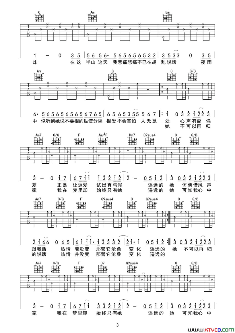 遥远的她张学友原版吉他谱简谱