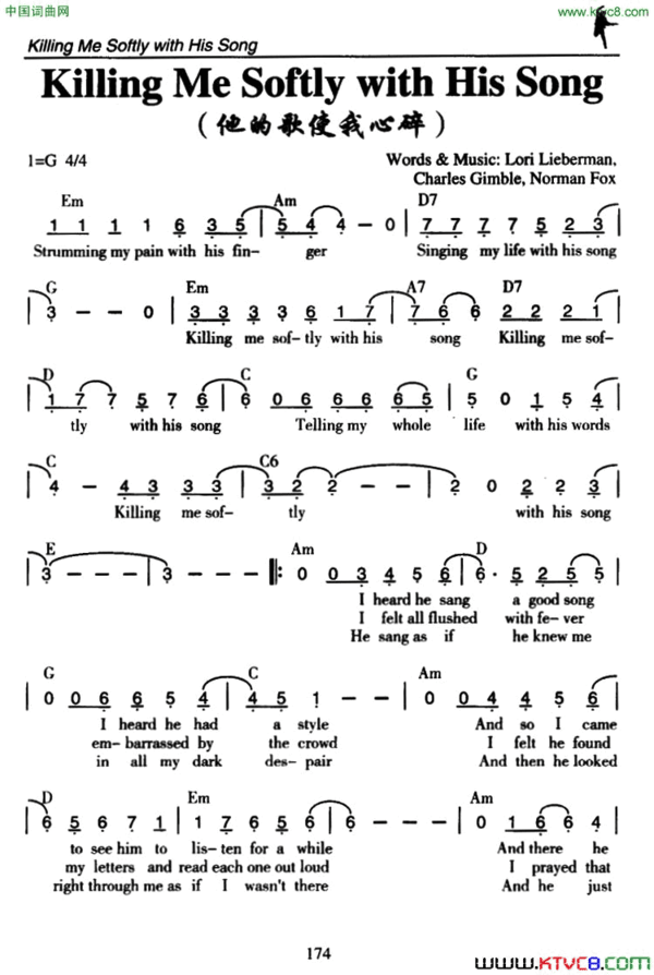 KillingMeSoftlywithHisSong他的歌使我心碎Killing Me Softly with His Song他的歌使我心碎简谱