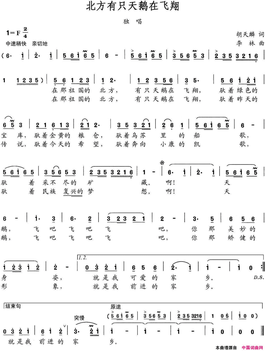 北方有只天鹅在飞翔简谱