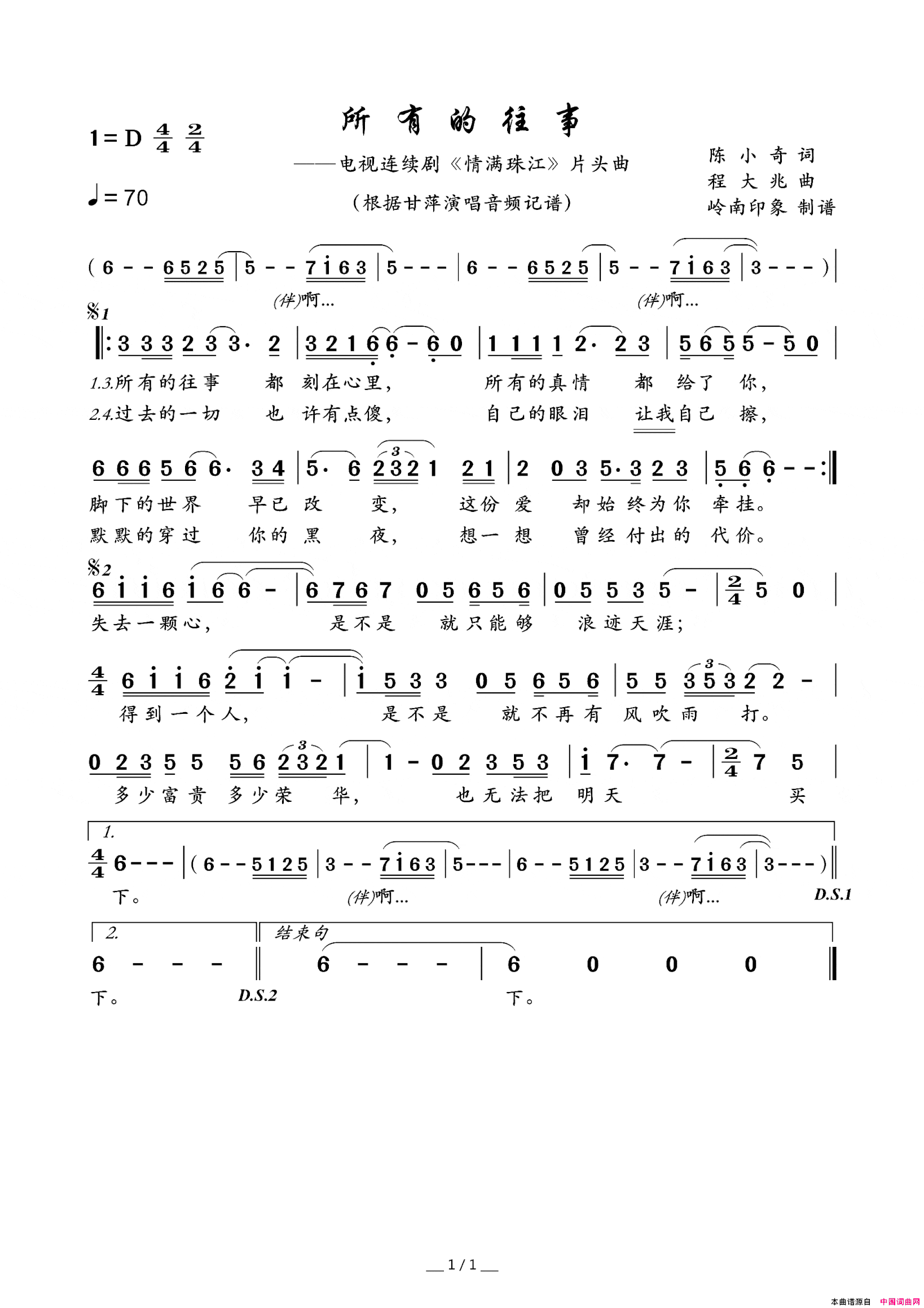 所有的往事电视连续剧《情满珠江》片头曲简谱